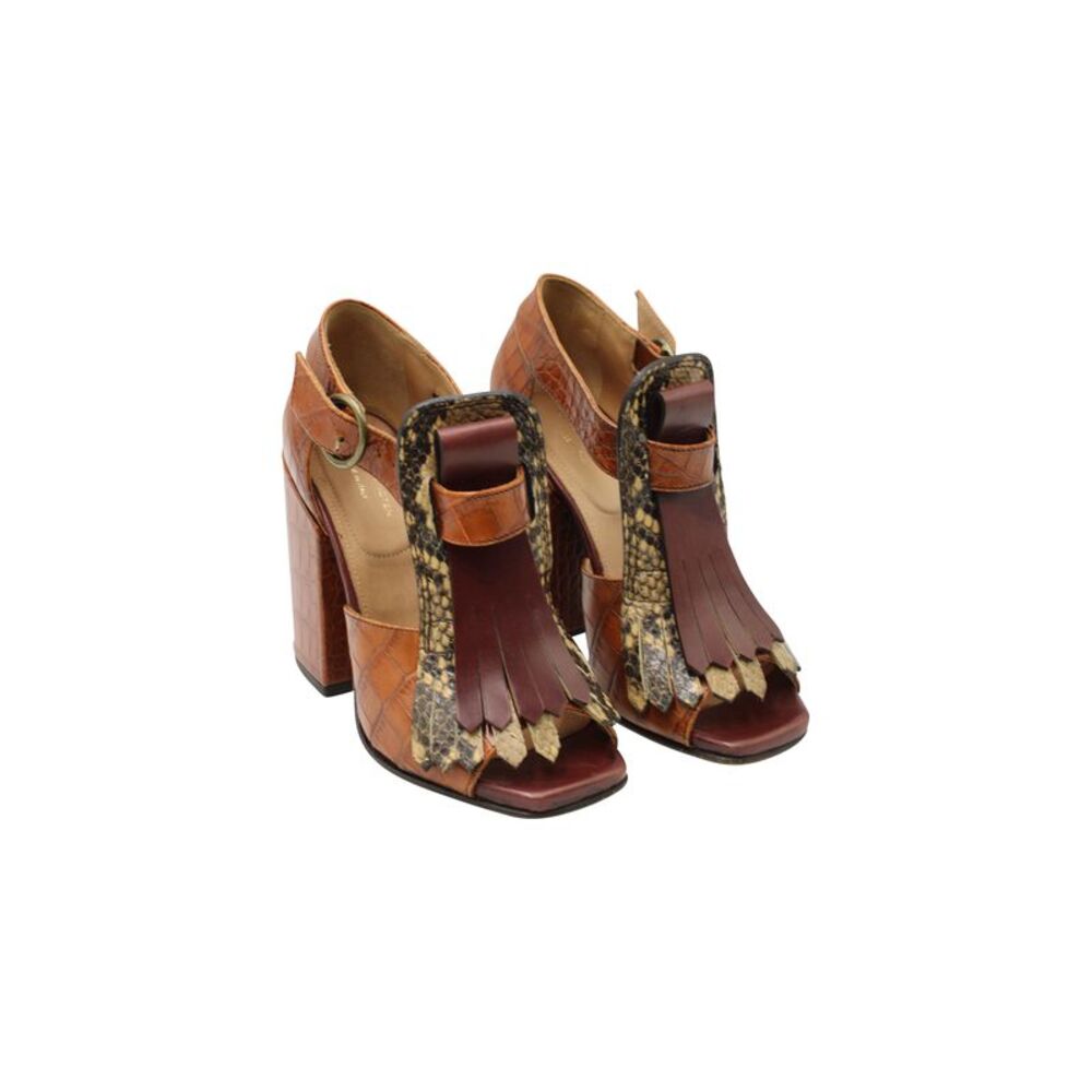Dries Van Noten Fringe Ankle Strap High Heel Sandals in Crocodile-Print Leather - Picture 3 of 7